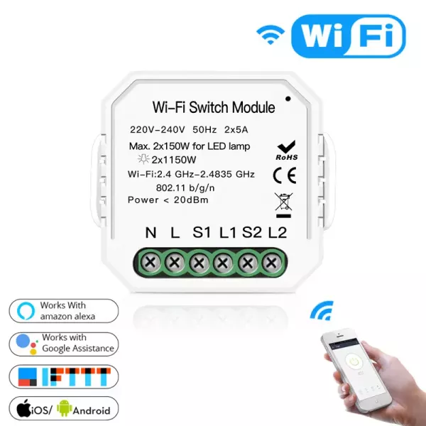 Wi-Fi + Bluetooth + RF433 Smart Switch Module - 2 gang